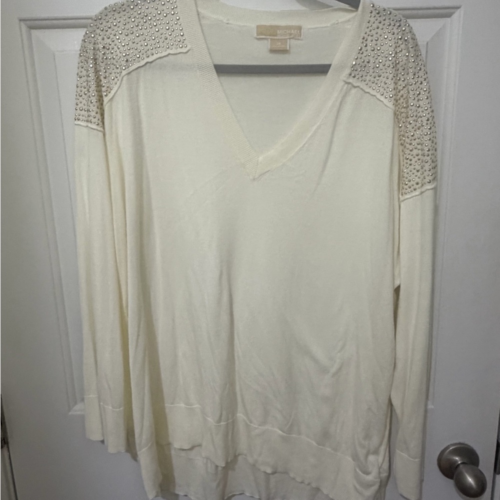 Michael Kors Cream Embellished V-Neck Sweater